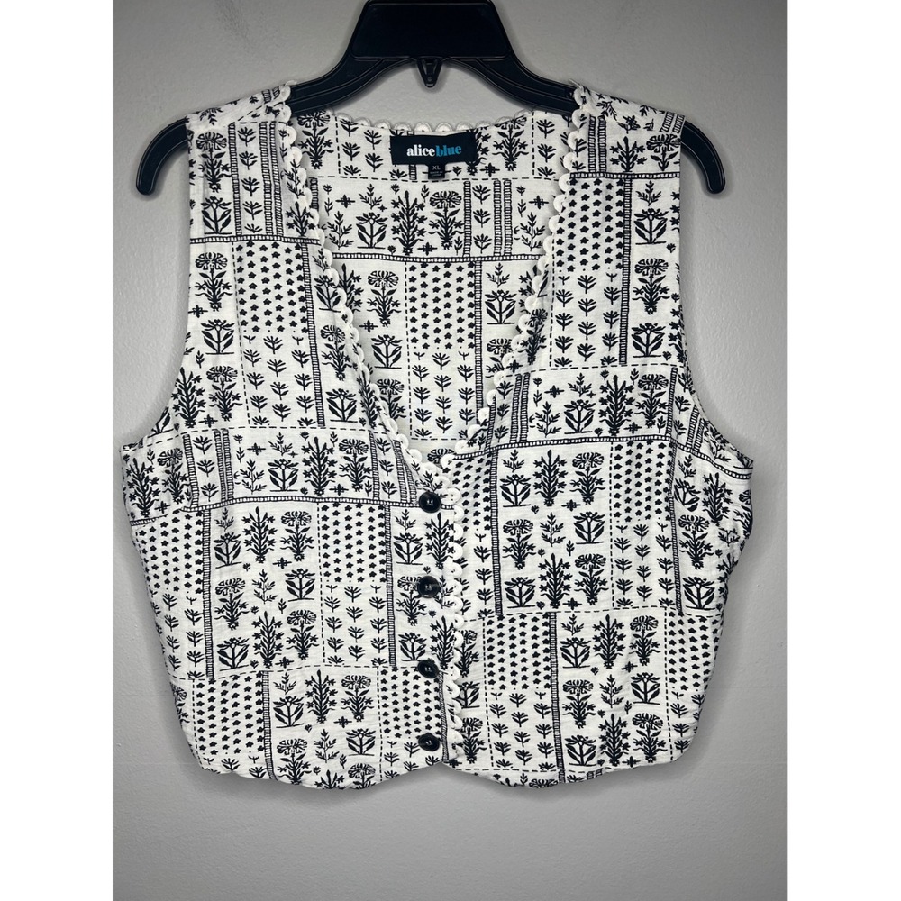 Alice Blue Womens XL Cropped Vest Black White Floral Block Print Scalloped Trim